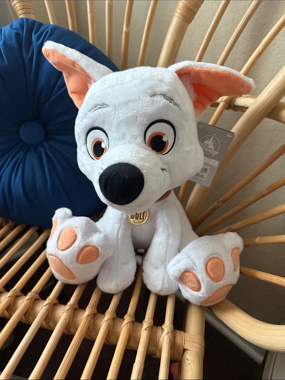 Disney White Bolt Plush Dog Toy with Peach Accents